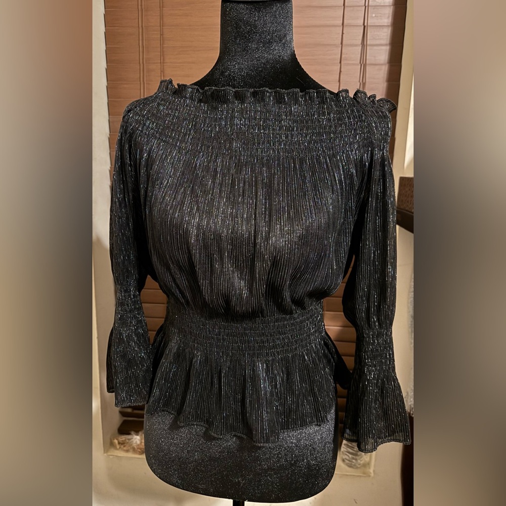 Open Shoulder Peplum Shimmer Bell Sleeve Top